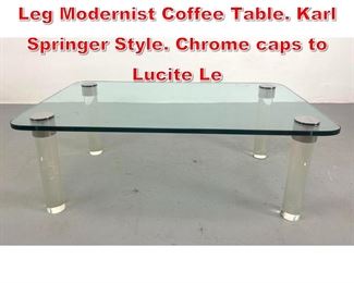 Lot 138 Glass Top Thick Lucite Rod Leg Modernist Coffee Table. Karl Springer Style. Chrome caps to Lucite Le