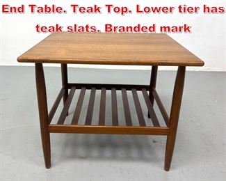 Lot 142 Teak Danish Modern Side End Table. Teak Top. Lower tier has teak slats. Branded mark