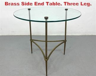 Lot 153 Italian Round Glass and Brass Side End Table. Three Leg. 