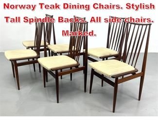 Lot 174 Set 6 AASE MOBLER Norway Teak Dining Chairs. Stylish Tall Spindle Backs. All side chairs. Marked. 