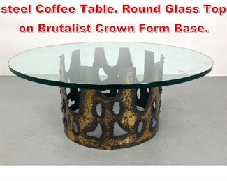 Lot 173 Brutalist Torch Cut Welded steel Coffee Table. Round Glass Top on Brutalist Crown Form Base. 