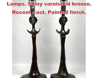 Lot 263 Pr Tete de Femme Table Lamps. Shiny varnished bronze. Recent cast. Painted finish. 