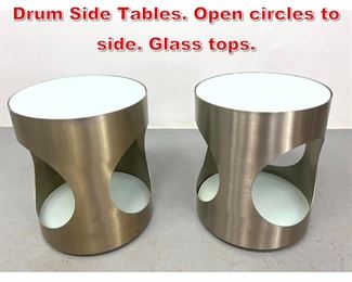 Lot 278 Pr Stainless Steel Round Drum Side Tables. Open circles to side. Glass tops. 