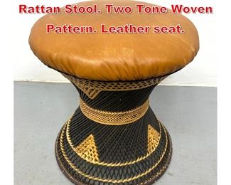 Lot 337 Tribal Woven Wicker Split Rattan Stool. Two Tone Woven Pattern. Leather seat. 