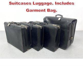 Lot 389 4pc Vintage Black Leather Suitcases Luggage. Includes Garment Bag. 