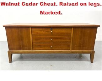 Lot 397 LANE American Modern Walnut Cedar Chest. Raised on legs. Marked. 