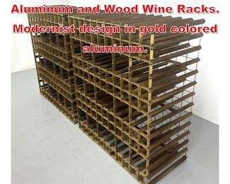 Lot 398 Pr Large Brushed Aluminum and Wood Wine Racks. Modernist design in gold colored aluminum.