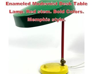 Lot 417 Green and Yellow Enameled Modernist Desk Table Lamp. Red stem. Bold Colors. Memphis style. 