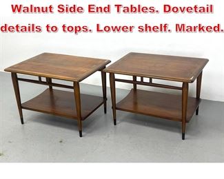 Lot 429 Pr LANE American Modern Walnut Side End Tables. Dovetail details to tops. Lower shelf. Marked. 