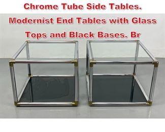 Lot 459 Pr Open Cube Form Chrome Tube Side Tables. Modernist End Tables with Glass Tops and Black Bases. Br