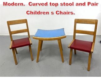 Lot 467 3pcs Blond Mid Century Modern. Curved top stool and Pair Children s Chairs. 