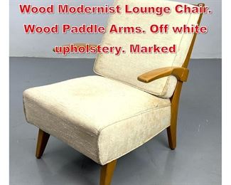 Lot 478 Conant Ball style Blond Wood Modernist Lounge Chair. Wood Paddle Arms. Off white upholstery. Marked 