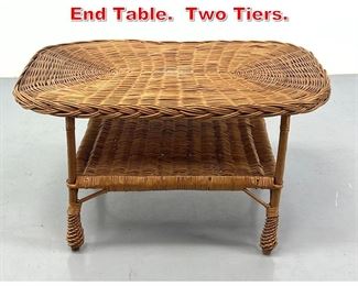 Lot 484 Vintage Woven Wicker Side End Table. Two Tiers. 