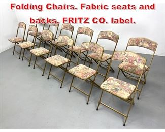 Lot 487 Set 12 TWELVE Gold Metal Folding Chairs. Fabric seats and backs. FRITZ CO. label. 