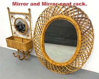 Lot 491 2pcs wicker Rattan. Wall Mirror and Mirror coat rack. 
