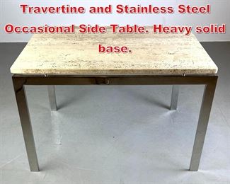 Lot 499 Mid Century Modern Travertine and Stainless Steel Occasional Side Table. Heavy solid base. 