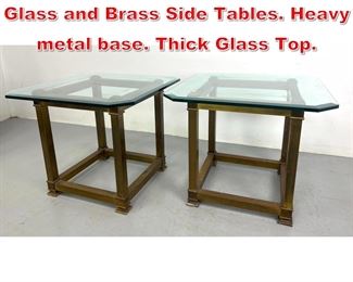 Lot 504 Pair Mastercraft Style Glass and Brass Side Tables. Heavy metal base. Thick Glass Top. 