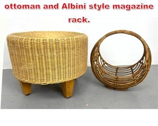 Lot 508 2pc wicker lot. Round ottoman and Albini style magazine rack. 