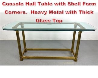 Lot 518 Decorative Mastercraft Console Hall Table with Shell Form Corners. Heavy Metal with Thick Glass Top