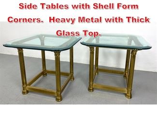 Lot 519 Pair Decorative Mastercraft Side Tables with Shell Form Corners. Heavy Metal with Thick Glass Top. 
