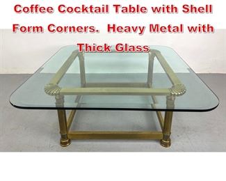 Lot 520 Decorative Mastercraft Coffee Cocktail Table with Shell Form Corners. Heavy Metal with Thick Glass 