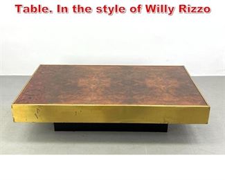 Lot 546 Brass and Burl Coffee Table. In the style of Willy Rizzo