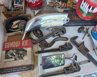 MODEL A OR T WRENCHES AND SIDE MIRROR---ONE NOS 9165 CHEVY IMPALA CHROME BUMPER GUARD IN BOX