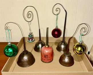 Vintage oil cans with addition of ornament holders (great display idea) (some sold)