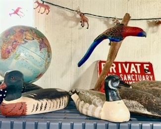 Vintage hand painted/carved ducks and 2 vintage duck decoy with weights, world globe