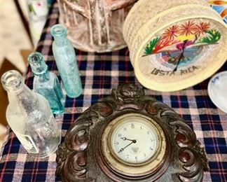 Antique clock (SOLD), antique bottles, etc.