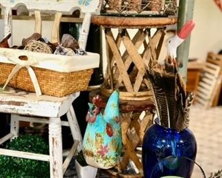 Eclectic decor, pair of leather top tables, etc.