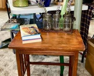 Vintage child's hinged top desk (SOLD), books, set of 3 jars in stand