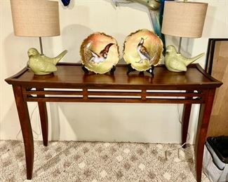 Sofa table, pair of bird lamps (SOLD), hand painted and signed Limoges collector plates