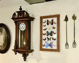 Vintage oval photo, Antique wall clock, butterfly framed display (SOLD), brass forks