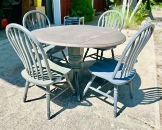 Painted gray table & 4 chairs, Top is loose and needs some work