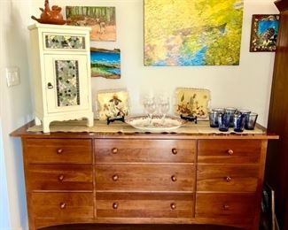 Pennsylvania House dresser w/ mirror (not shown), tile side table (SOLD), fish print, paintings, glasses, etc.