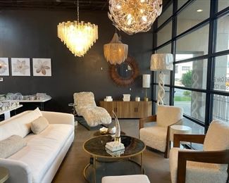 Sofa, coffee tables, boucle chairs and luxury designer chandeliers