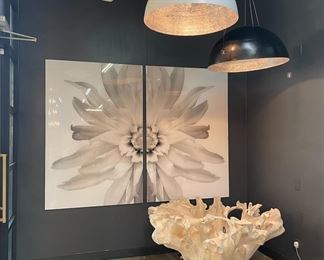 Teak coffee table base and designer artwork and lighting