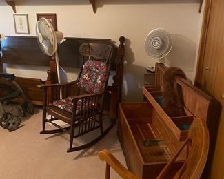 antique rockers , lane trunk and king bed frame
