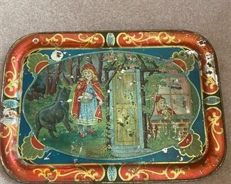 vintage little red riding hood tin serving tray -- has a small cup with it.