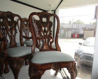 Fantasic set of eight (8) George II style dining chairs, with two arms. ORIGINALLY cost over $8,000. Recently each seat has been upohlstered at a cost of $80.