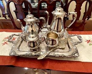 Silver plated tea service & butler's tray.