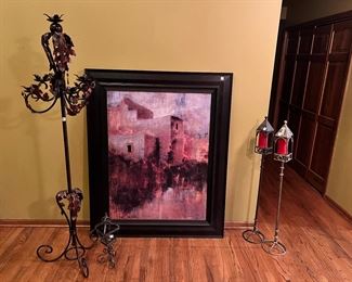 Candelabras and Large Framed Decorative Artwork 