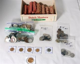 1912 Gold Eagle, 1915 Gold 1/4 Eagle, Gold Sovereign, 2 Gold Half Sovereigns, Some Silver, Rolled Wheat Pennies, Foreign Coins and Currency
