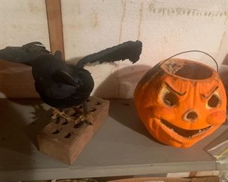 Vintage Trick or Treat Halloween Basket and Crow