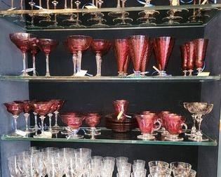 Cranberry and clear glassware