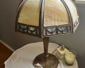 Antique slag, glass lamp