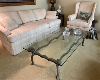 Formal living room furniture-white sofa and chair-PRISTINE, glass and iron coffee table.  SOFA IS 20, CHAIR IS 10, TABLE IS 50