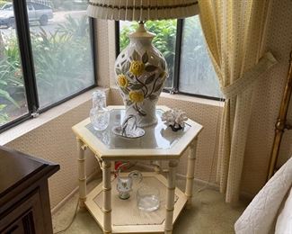 White and yellow retro table, large retro lamp
