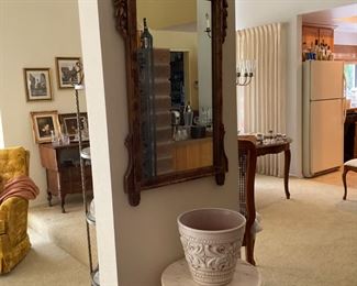 Ornate burnished gold mirror, marble topped gold table MIRROR NOW 30